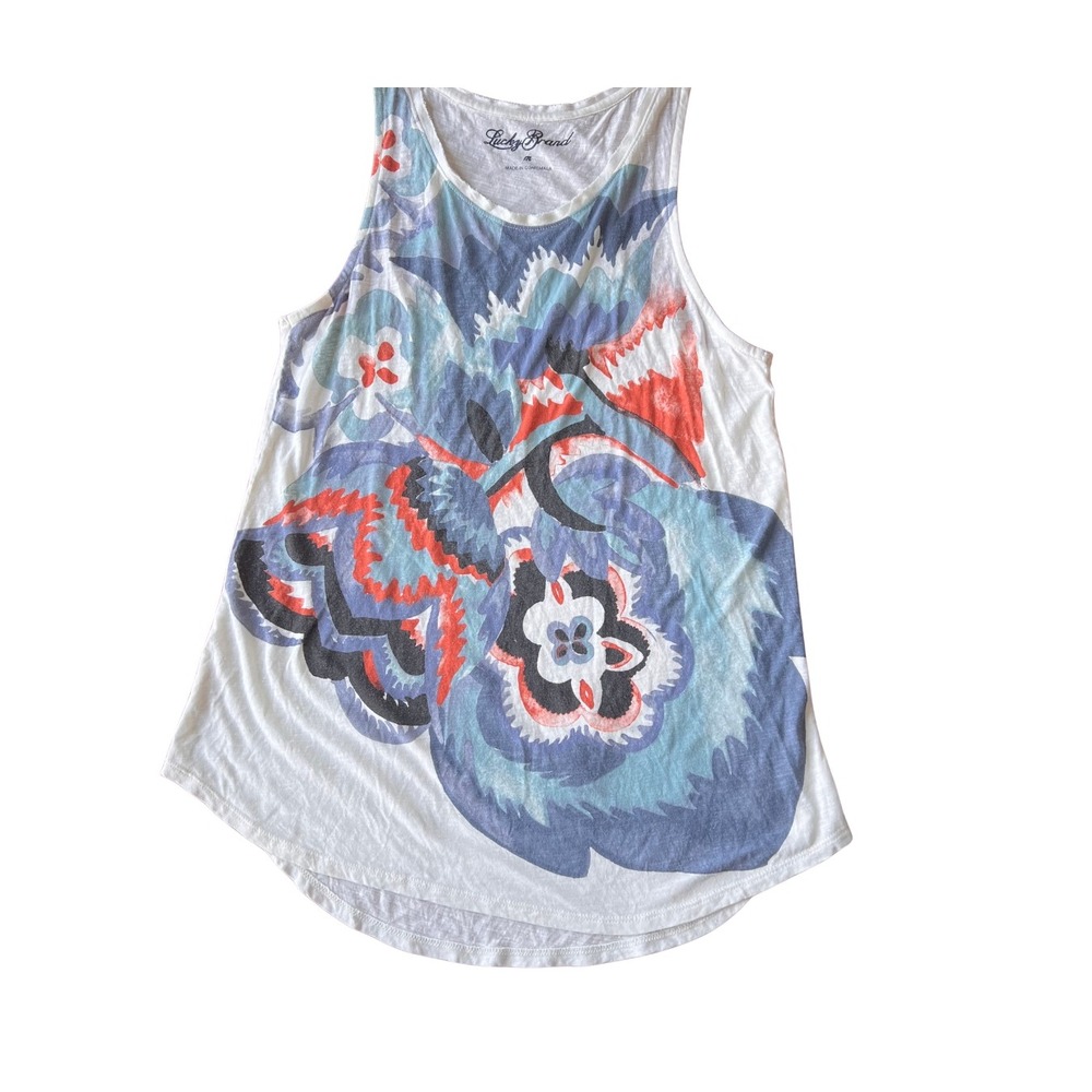 Vintage Lucky Womens Floral Tank Top White Blue Sleeveless Size medium racerback
